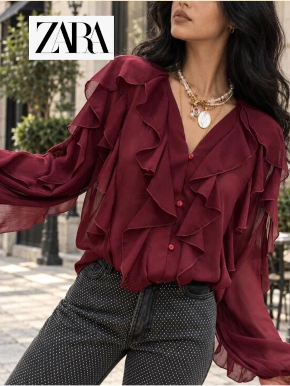 NEW Zara deep burgundy ruffle V neck top, XL, GP1590